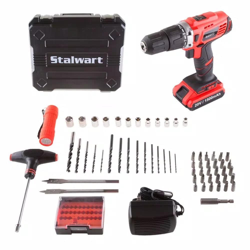 Stalwart 20V Lithium Ion 1/2 in. 2-Speed Brushless Hammer Drill Set, 62-Piece Kit