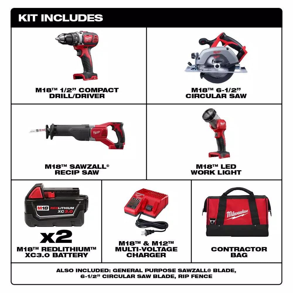 Milwaukee M18 18V Lithium-Ion Cordless 4-Tool Combo Kit with (2) 3.0 Ah Batteries, Charger, and Tool Bag