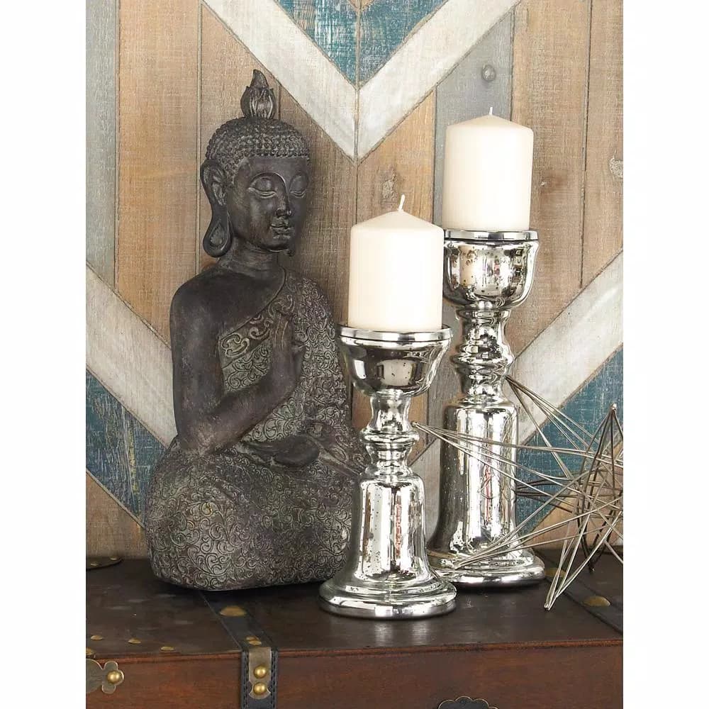 LITTON LANE Silver Glass Bell-Shaped Base Candle Holders, Set of 2