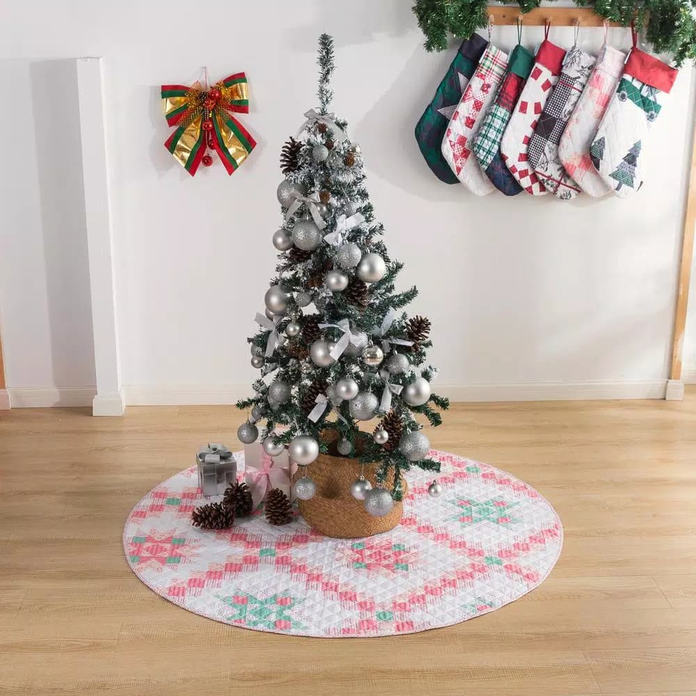 Country Living 48 in. Retro Star Quilted Tree Skirt, Reversible Blush Pink Microfiber