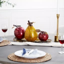 LITTON LANE Elegant Metal Fruit Sculpture Set - Golden Pear and Red Apples on Leaf Tray Base thumbnail 3