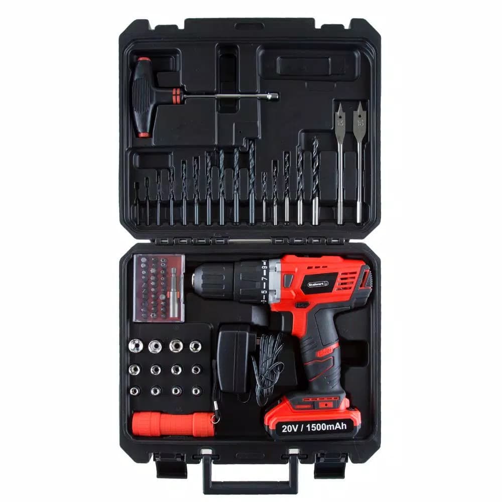 Stalwart 20V Lithium Ion 1/2 in. 2-Speed Brushless Hammer Drill Set, 62-Piece Kit