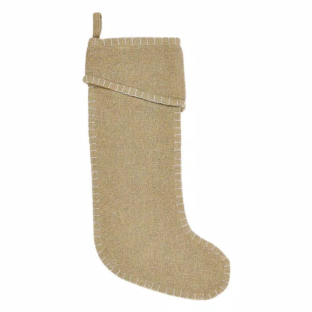 VHC Brands Nowell Farmhouse 20 in. Natural Burlap Christmas Stocking with Silver Metallic Whip Stitching