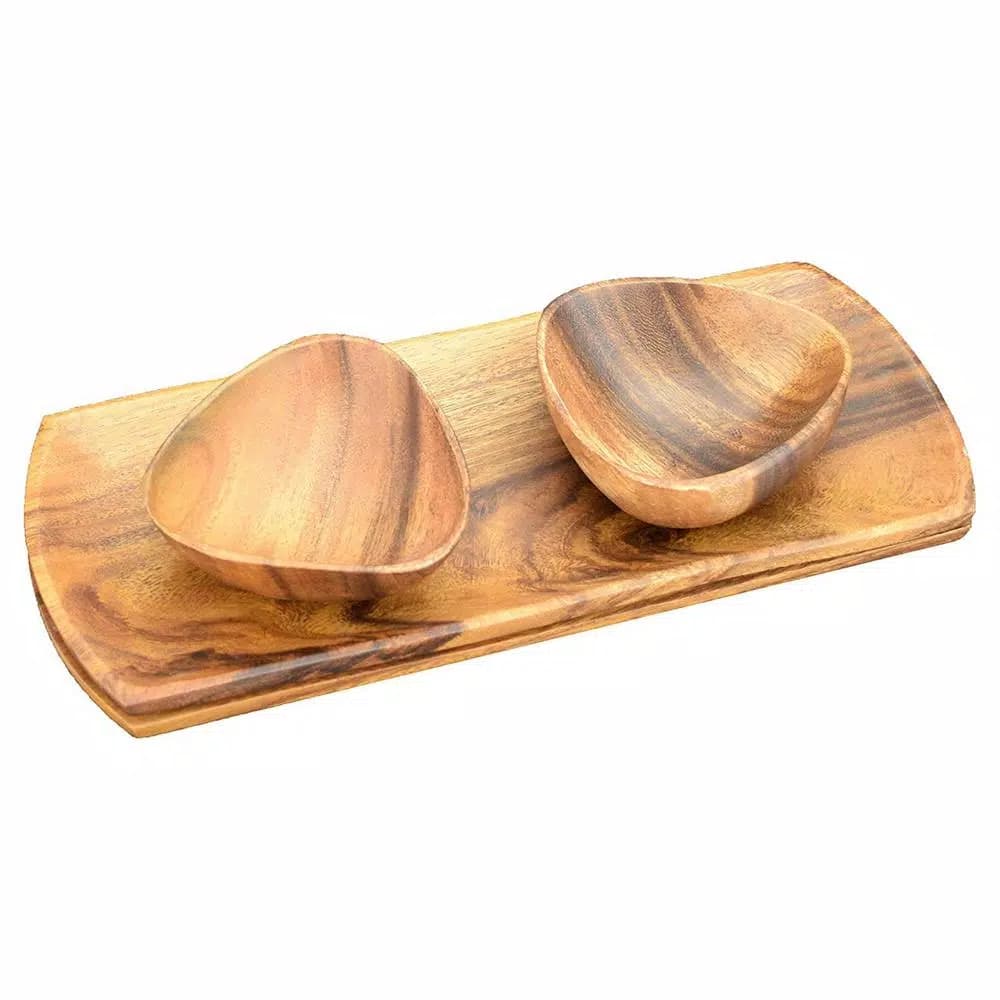 Acaciaware 4-Piece Acacia Wood Oval Serving Tray and Dipping Bowl Set