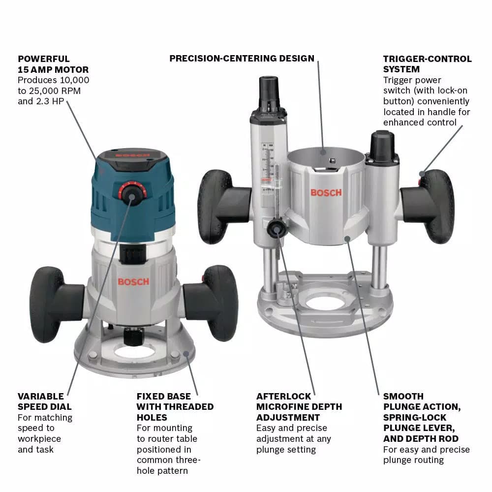 Bosch 15 Amp Corded Variable Speed Combination Plunge and Fixed-Base Router Kit with Hard Case