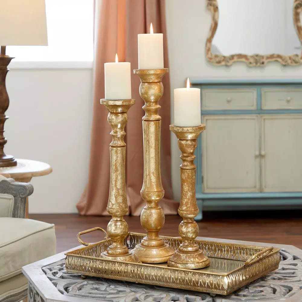 LITTON LANE Golden Mango Wood Candle Holder Set, Set of 3, Distressed Gold Finish