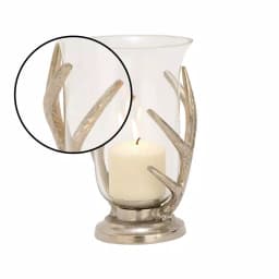 LITTON LANE 10 in. Aluminum Antler and Frosted Glass Hurricane Candle Holder, Silver thumbnail 3
