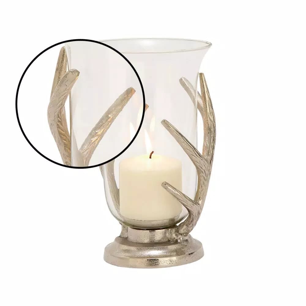 LITTON LANE 10 in. Aluminum Antler and Frosted Glass Hurricane Candle Holder, Silver