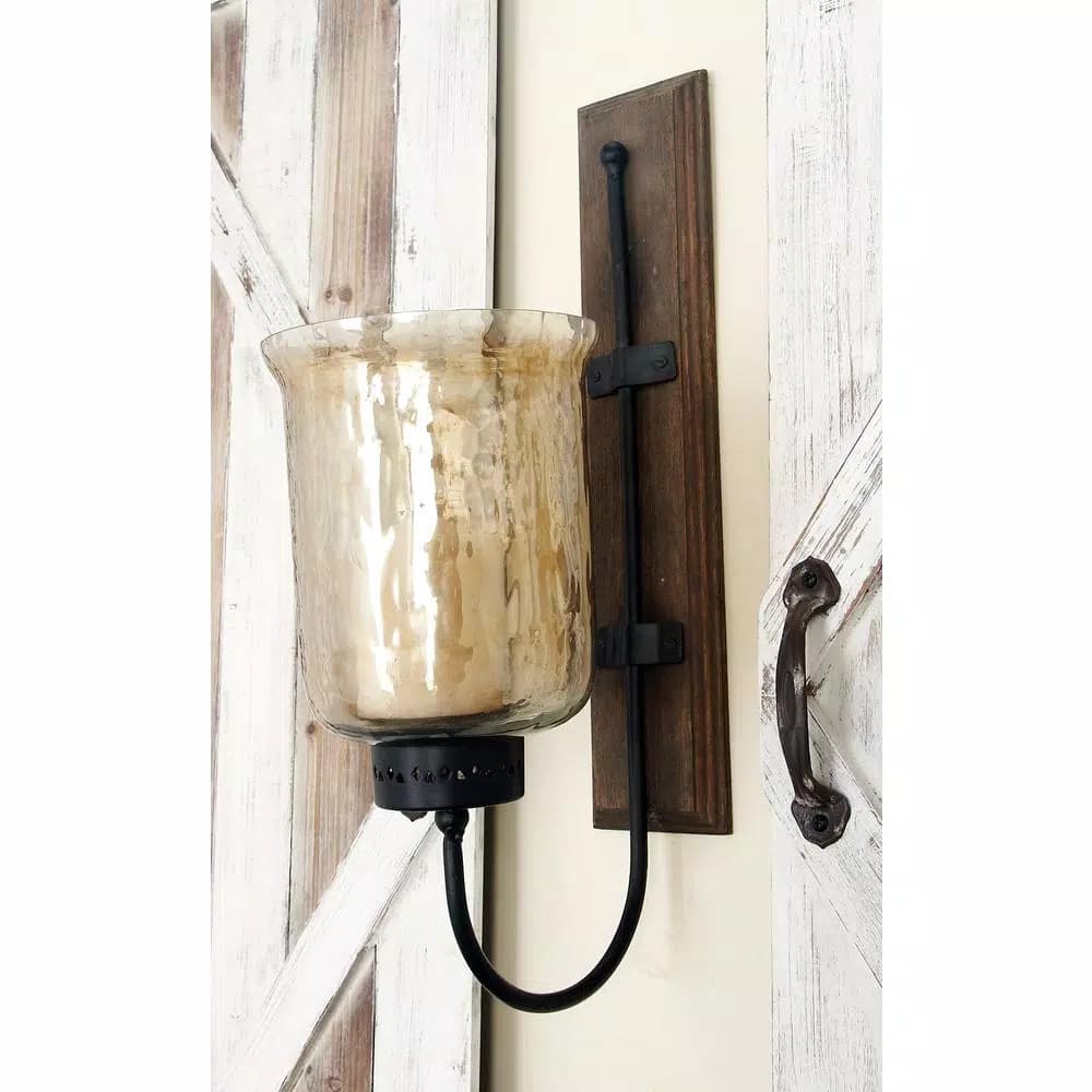 LITTON LANE 21 in. New Traditional Silver Flared Top Hurricane Candle Sconce with Walnut Frame