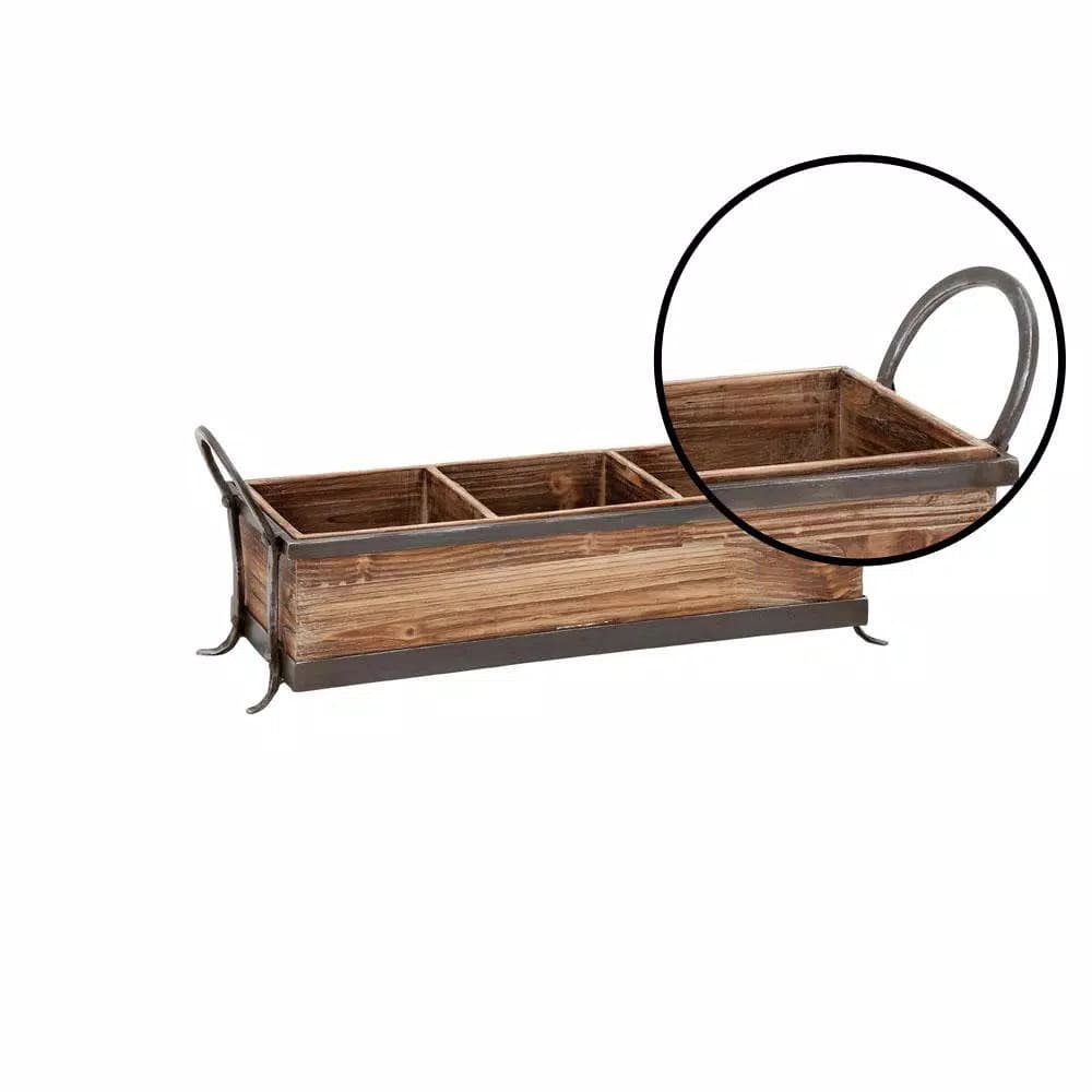 LITTON LANE Rustic Elegance 23" Wood and Iron 3-Compartment Rectangular Farmhouse Tray