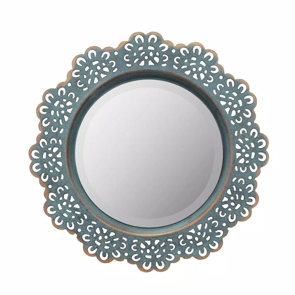 Stonebriar Collection Stonebriar Small Round Turquoise Metal Lace Accent Mirror with Brass Highlights, 12.5 in.