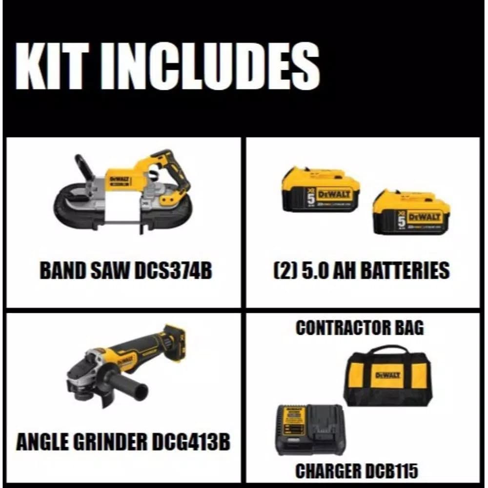 DEWALT 20V MAX XR Cordless Brushless Deep Cut Band Saw & 4-1/2 in. Grinder Kit with (2) 5.0Ah Batteries