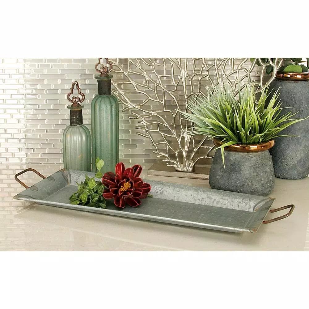 LITTON LANE Farmhouse Galvanized Metal Rectangular Serving Trays, Set of 2