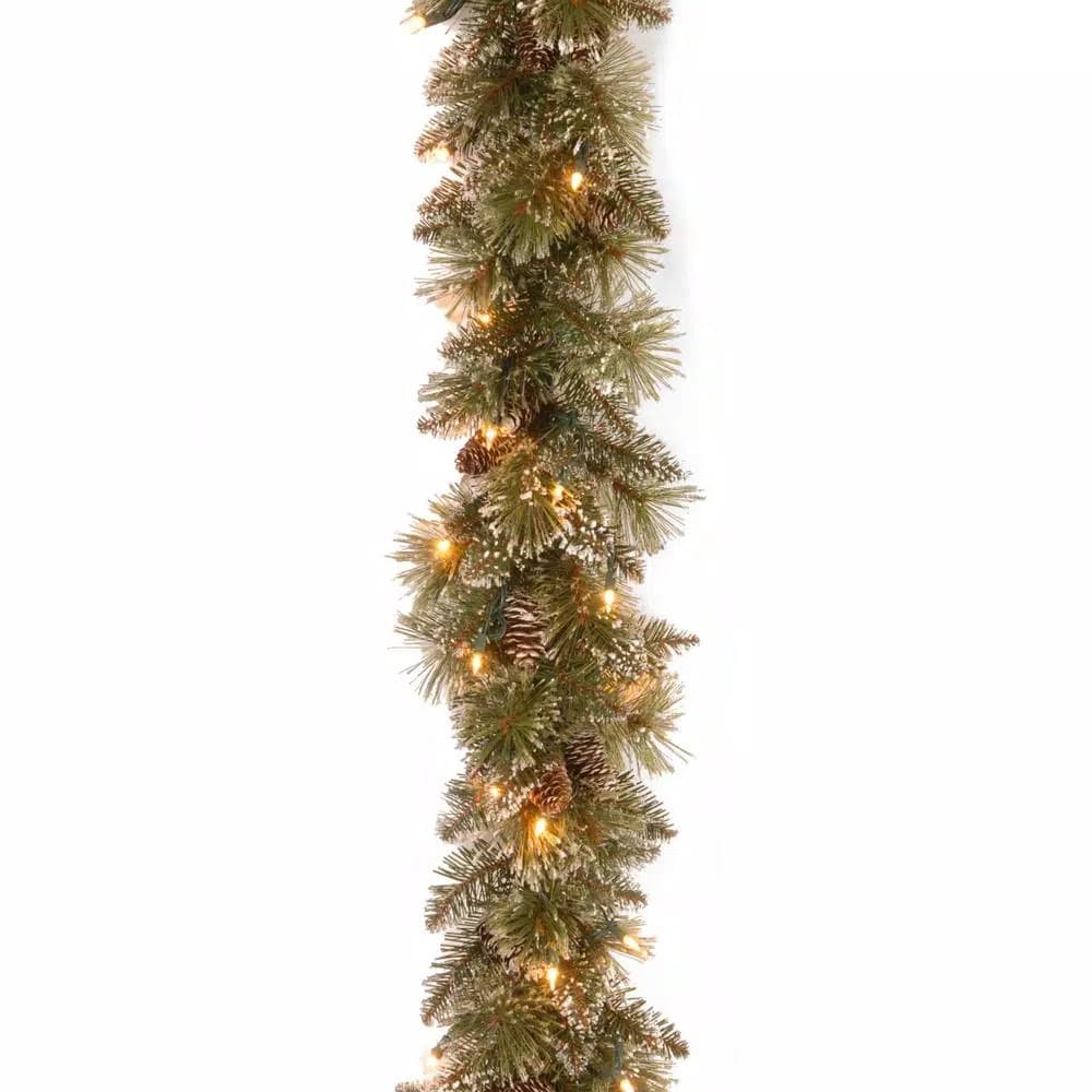 Unbranded 6 ft. Glittery Bristle Pine Garland with 50 Warm White LED Lights and Pine Cones