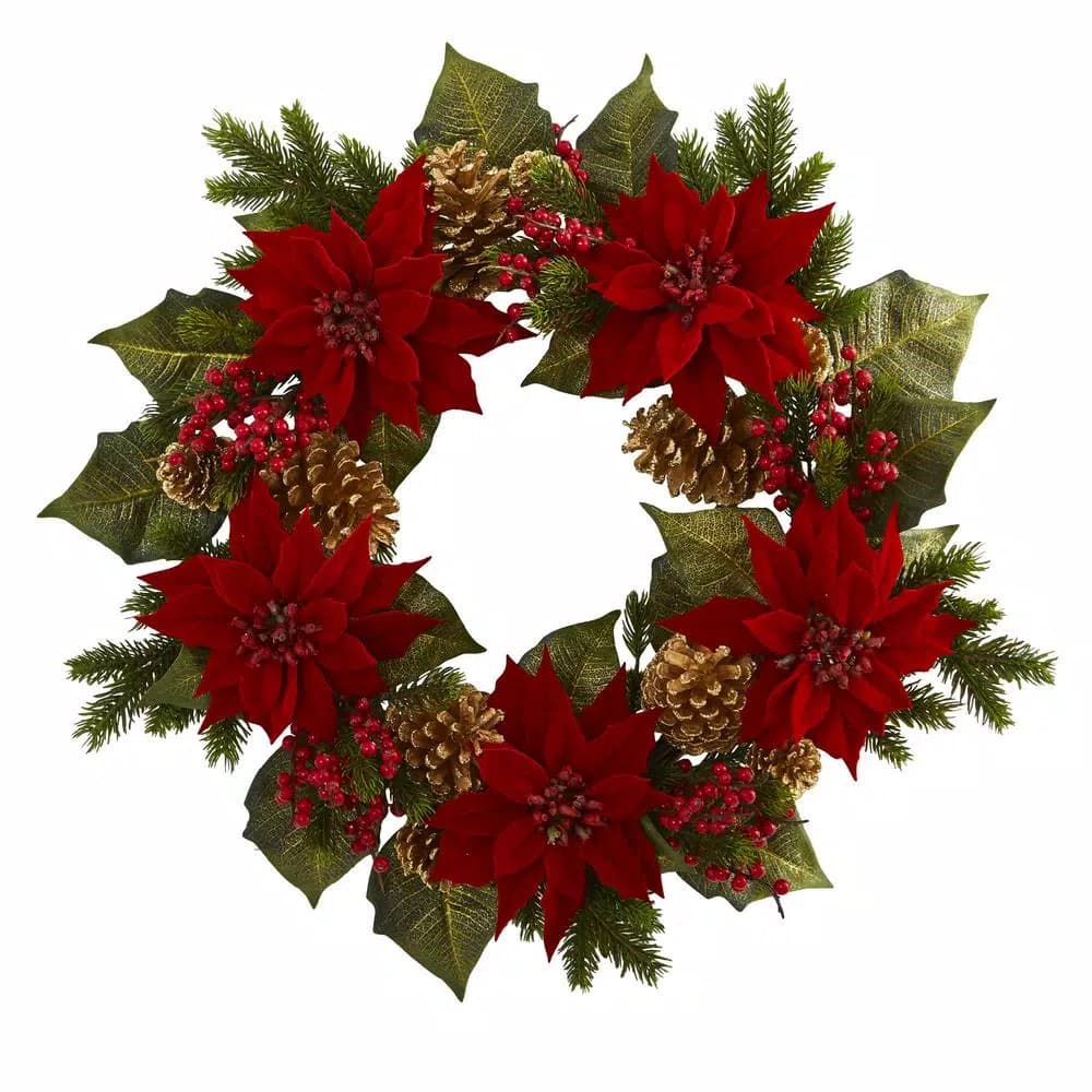Nearly Natural 24in. Artificial Poinsettia Holiday Wreath with Golden Pine Cones and Red Berries