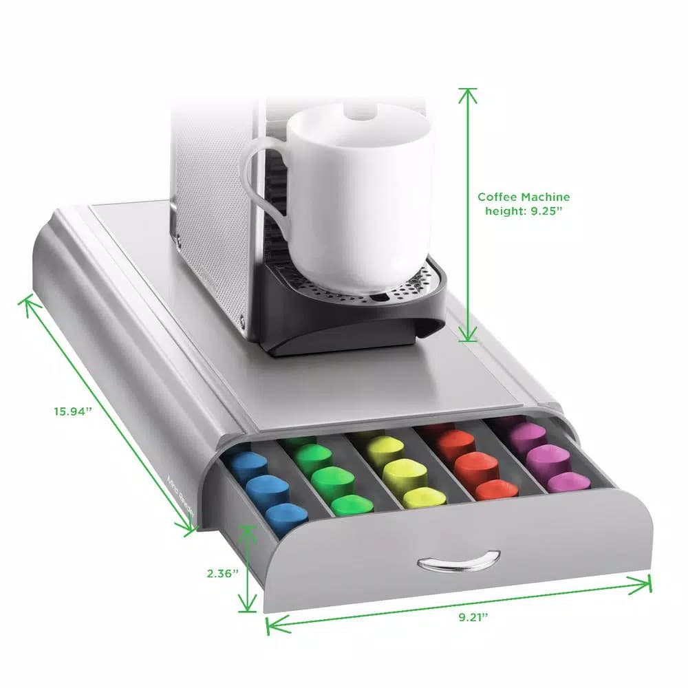 Mind Reader Anchor Silver Nespresso Coffee Capsule Drawer, 50-Capacity Pod Organizer & Machine Stand