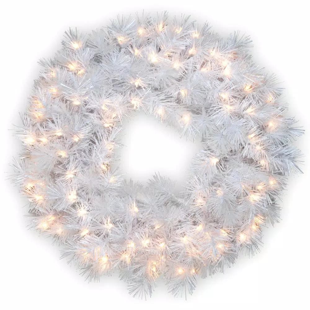 National Tree Company 30 in. Wispy Willow Grande White Artificial Wreath with 100 Clear Lights