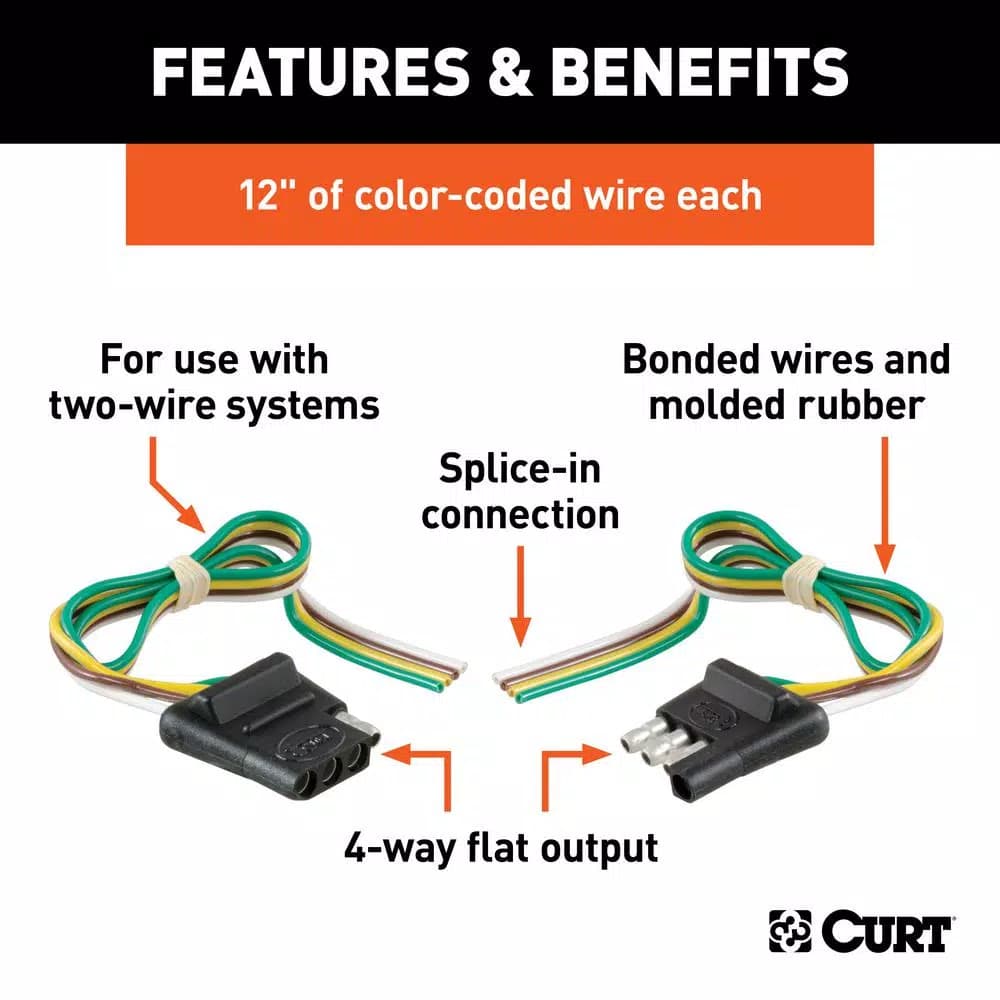 CURT 4-Way Flat Trailer Connector Kit with 12" Color-Coded Wires