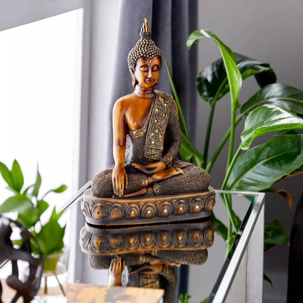 LITTON LANE Polystone Sitting Buddha Sculpture with Mirrored Accents and Bronze Finish