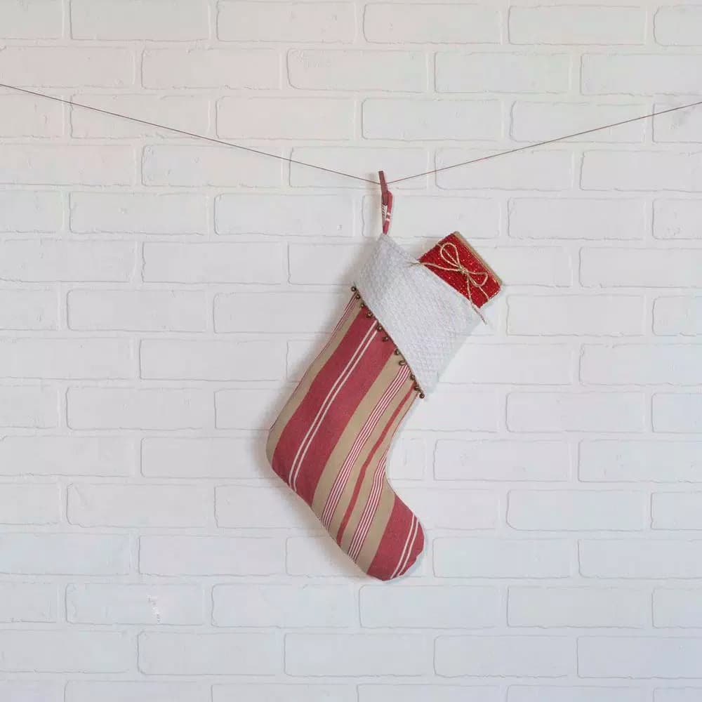 VHC Brands 15 in. Vintage Stripe Cotton Christmas Stocking - Candy Apple Red, Khaki & Snow White