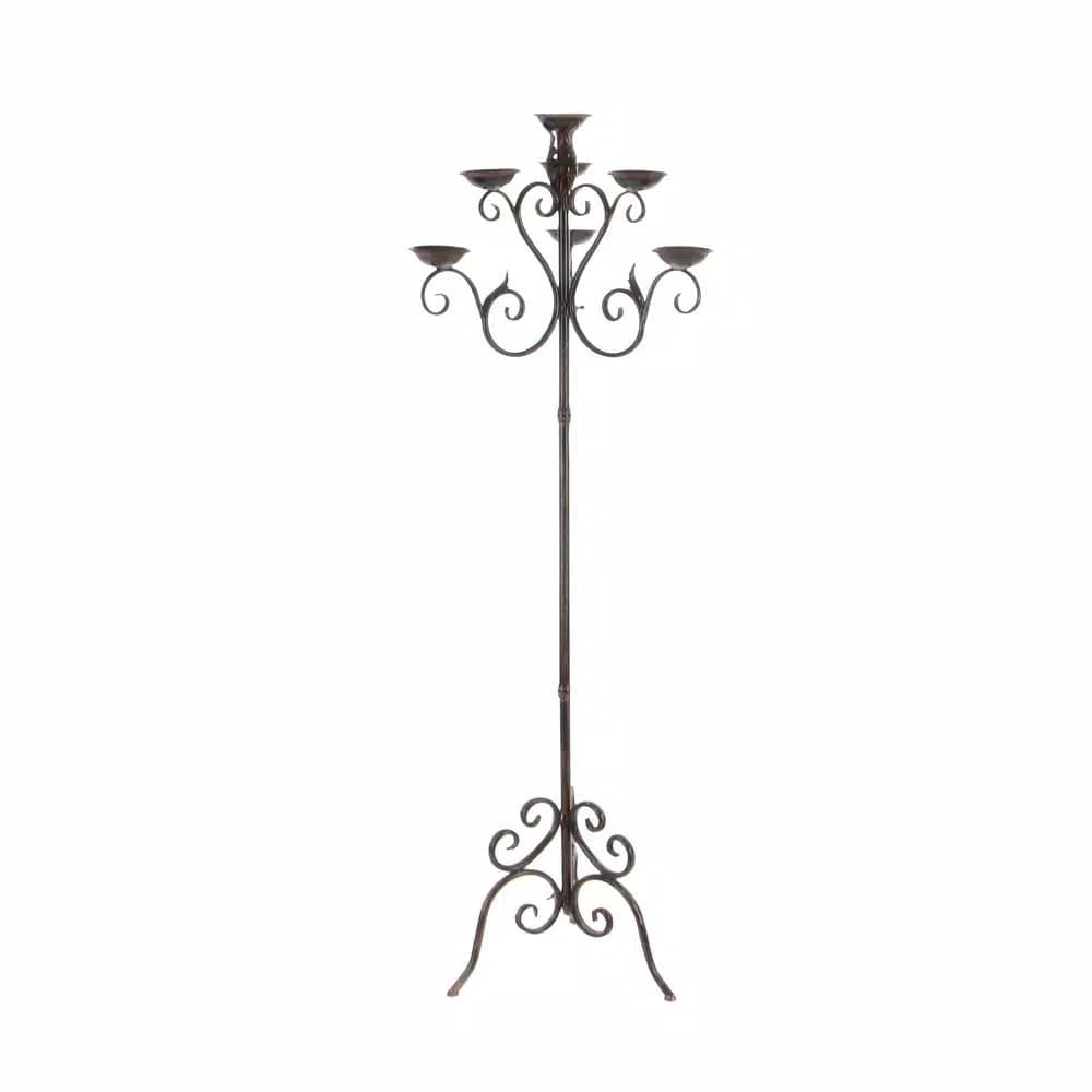 LITTON LANE 61 in. Brown Iron Scroll Design 7-Light Candelabra Floor Stand