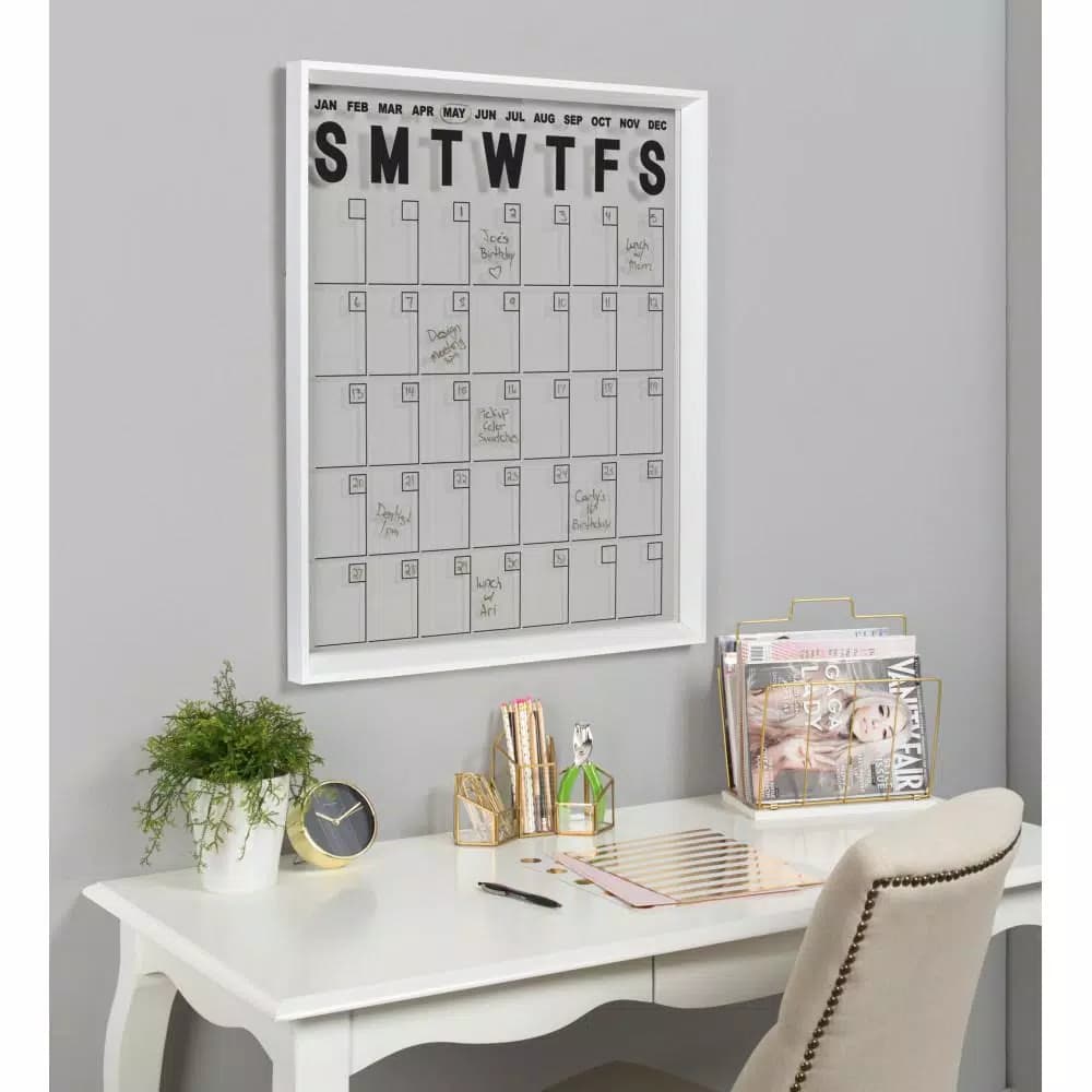 Kate and Laurel Calter White Acrylic Monthly Erasable Wall Calendar Memo Board