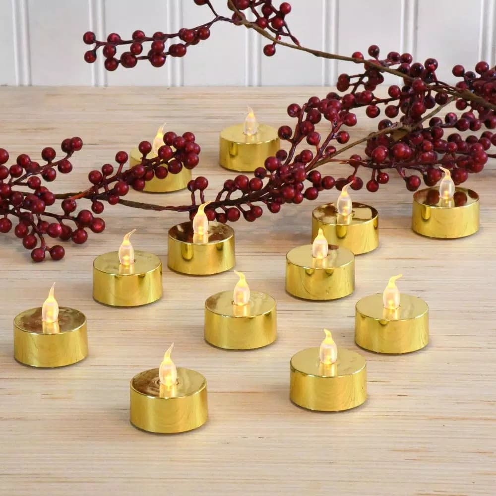 LUMABASE Gold Plated LED Tea Light Candles, 12-Count Battery Operated Flickering Amber Glow
