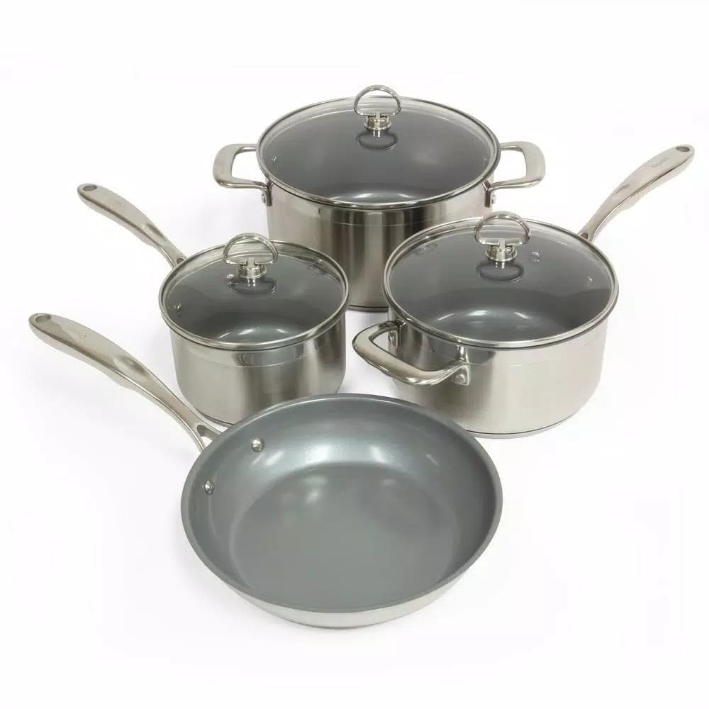 Chantal Induction 21 Steel 7-Piece Ceramic Nonstick Stainless Steel Cookware Set, Brushed Stainless Steel