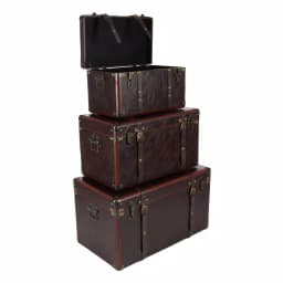 LITTON LANE Globetrotter Wood and Matte Brown Leather Decorative Trunk Set of 3 thumbnail 3
