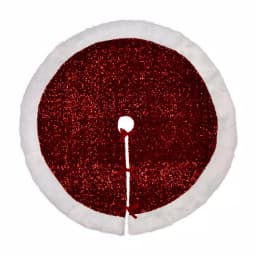 Glitzhome 48 in. Red Sequin Christmas Tree Skirt with White Faux Fur Cuff and Velvet Ropes thumbnail 1