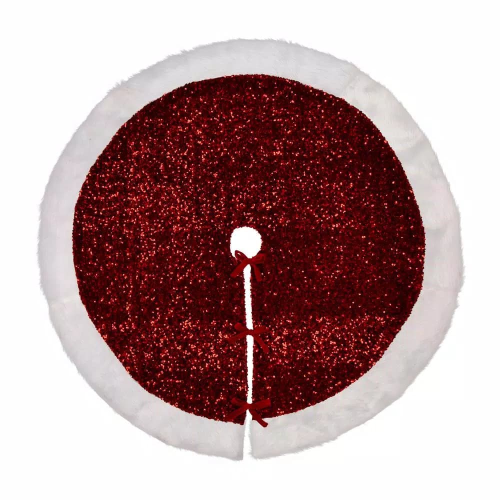 Glitzhome 48 in. Red Sequin Christmas Tree Skirt with White Faux Fur Cuff and Velvet Ropes