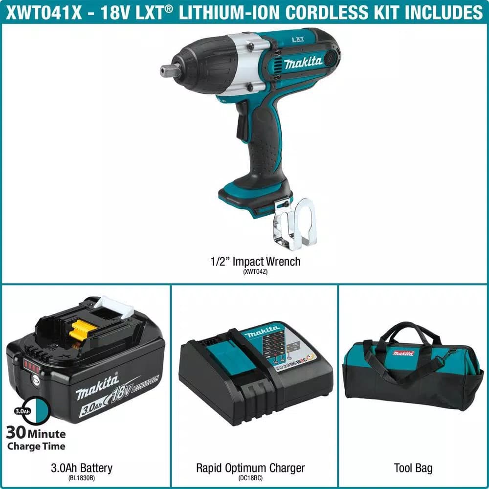 Makita 18V LXT Cordless 1/2 in. Impact Wrench Kit with 3.0Ah Battery, Charger, and Tool Bag