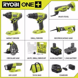 RYOBI 18V ONE+ Cordless 6-Tool Combo Kit with (2) Batteries, Charger, Bag & 60-Piece Drill/Drive Bonus Kit thumbnail 2
