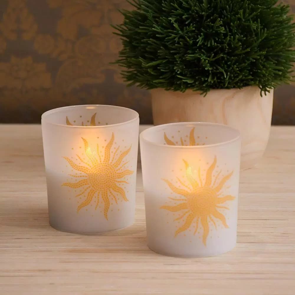 LUMABASE Mosaic Sun Battery Operated LED Candles with Frosted Glass, 2-Count