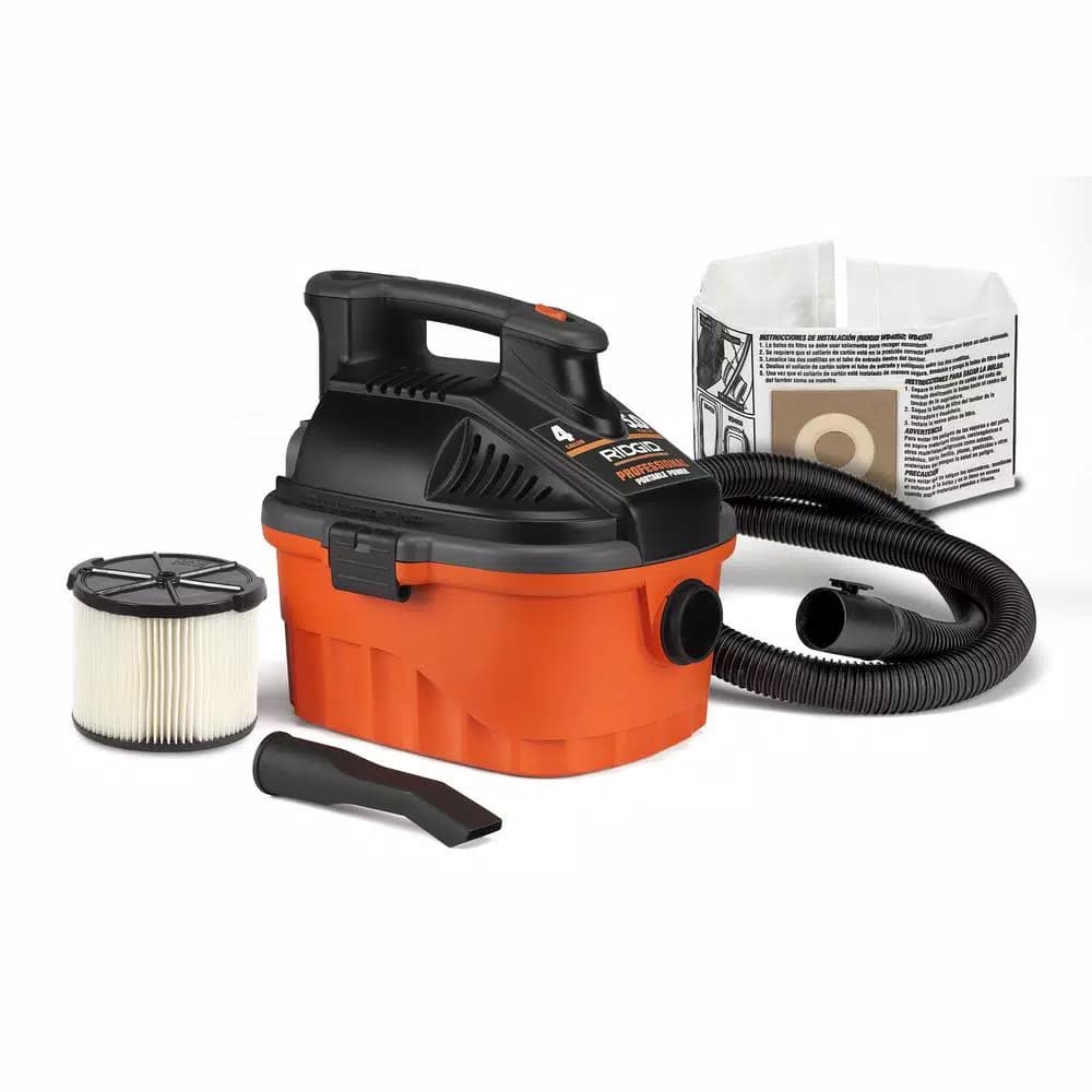 RIDGID 4 Gallon 5.0 Peak HP Portable Wet/Dry Shop Vacuum with Locking Hose and Car Nozzle