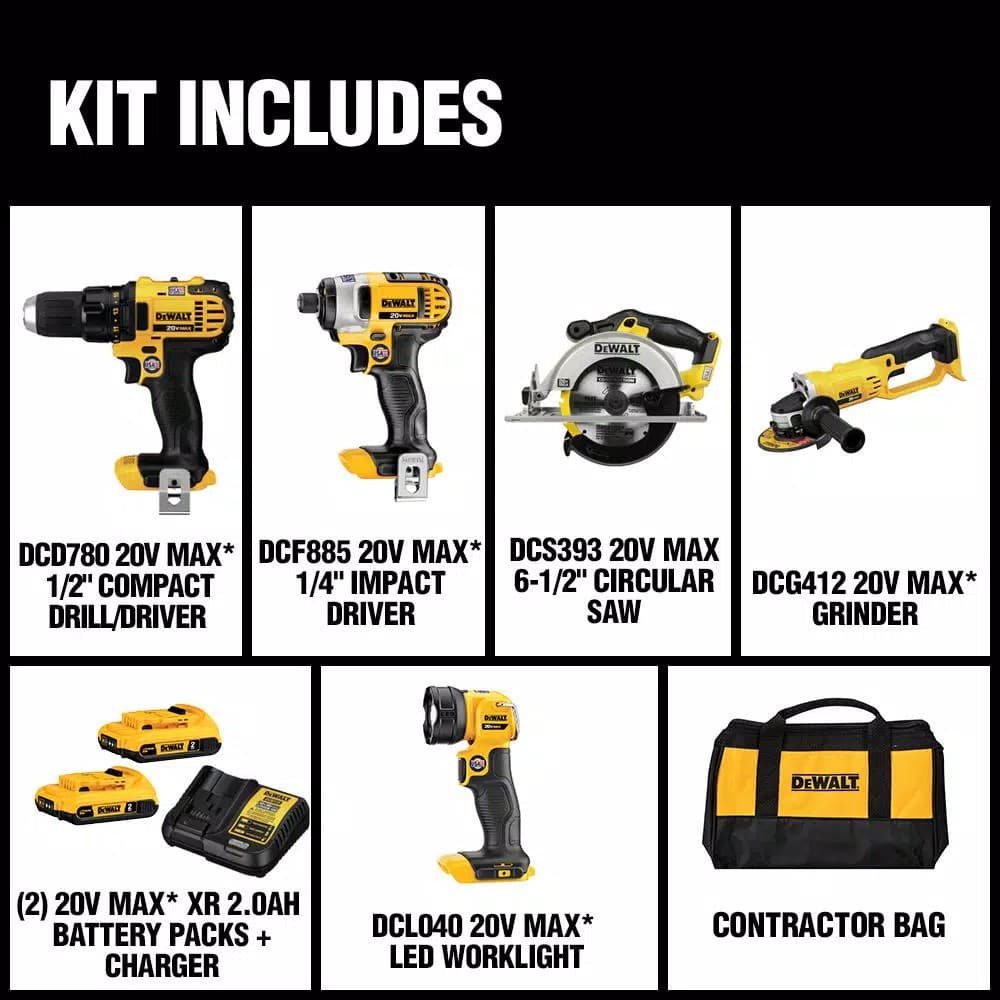 DEWALT 20V MAX Cordless 5-Tool Combo Kit with (2) 2.0 Ah Batteries & Charger