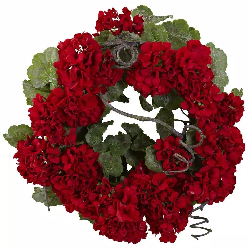 Nearly Natural 17 in. Red Geranium Fabric Flower Wreath with Green Foliage