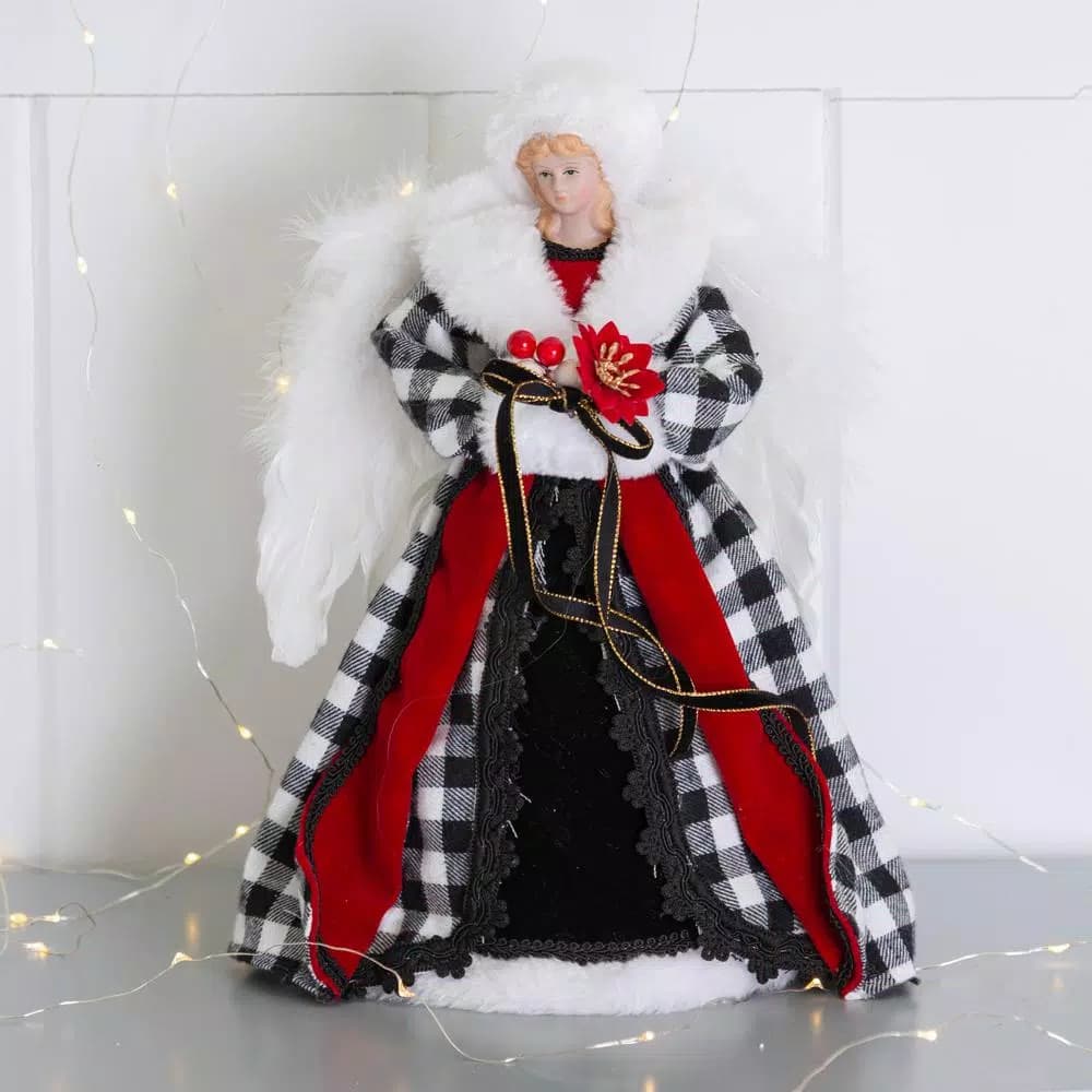 Glitzhome 12 in. Black and White Plaid Angel Tree Topper - 3D Figurine