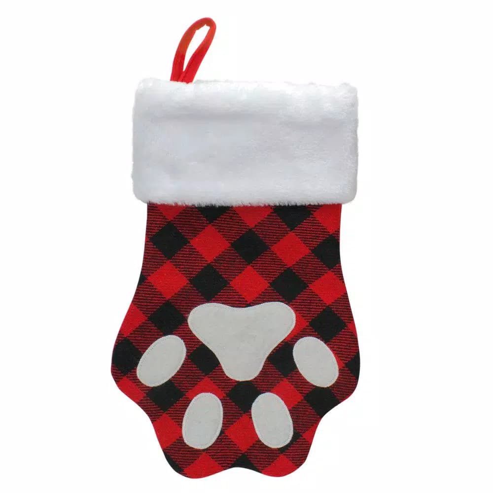 Northlight Red and Black Buffalo Plaid Pet Christmas Stocking with Embroidered Paw Print, 15.5 in.