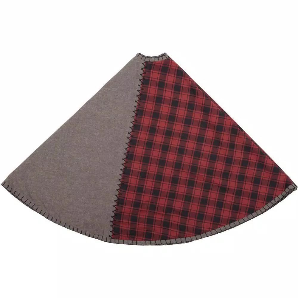 VHC Brands 48 in. Andes Charcoal Grey and Red Buffalo Check Rustic Cotton Christmas Tree Skirt