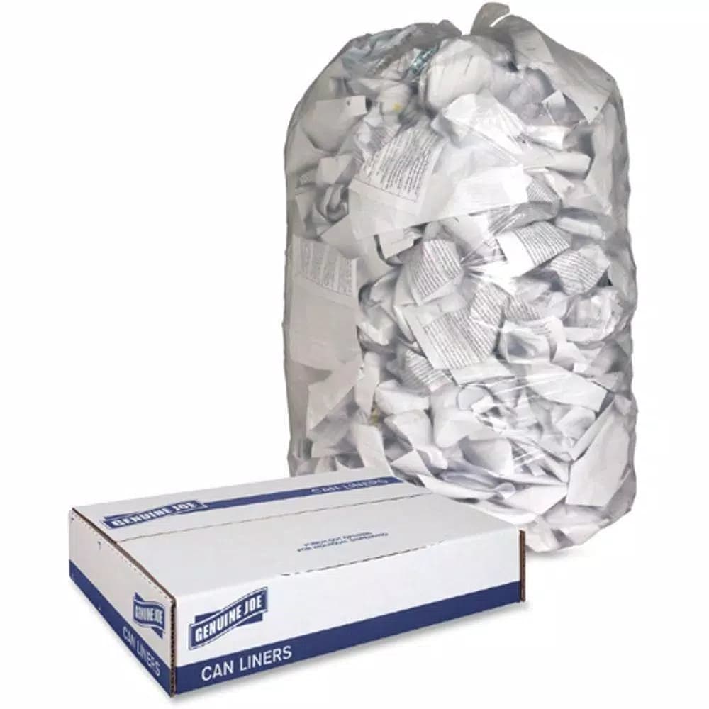 Genuine Joe 60 Gallon Clear Trash Can Liners, Low Density, 100-Count Coreless Roll