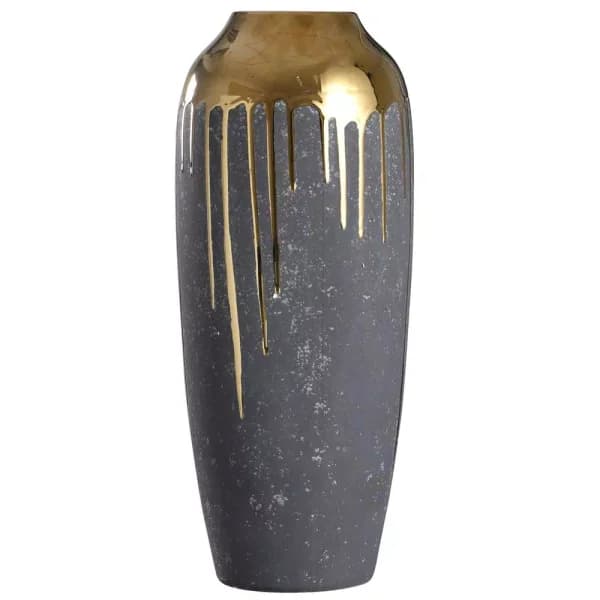 StyleCraft Marloe Charcoal and Gold Ceramic Table Vase, Contemporary Urn Shape