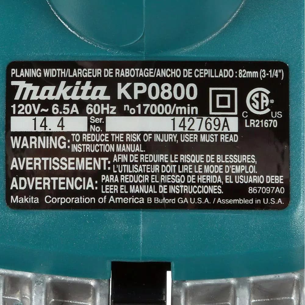 Makita 3-1/4 in. Corded Planer Kit with Blade Set and Hard Case, 6.5 Amp