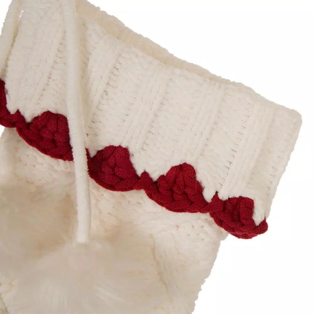 Glitzhome 22 in. White Knitted Acrylic Christmas Stockings with Pompoms (Set of 2)