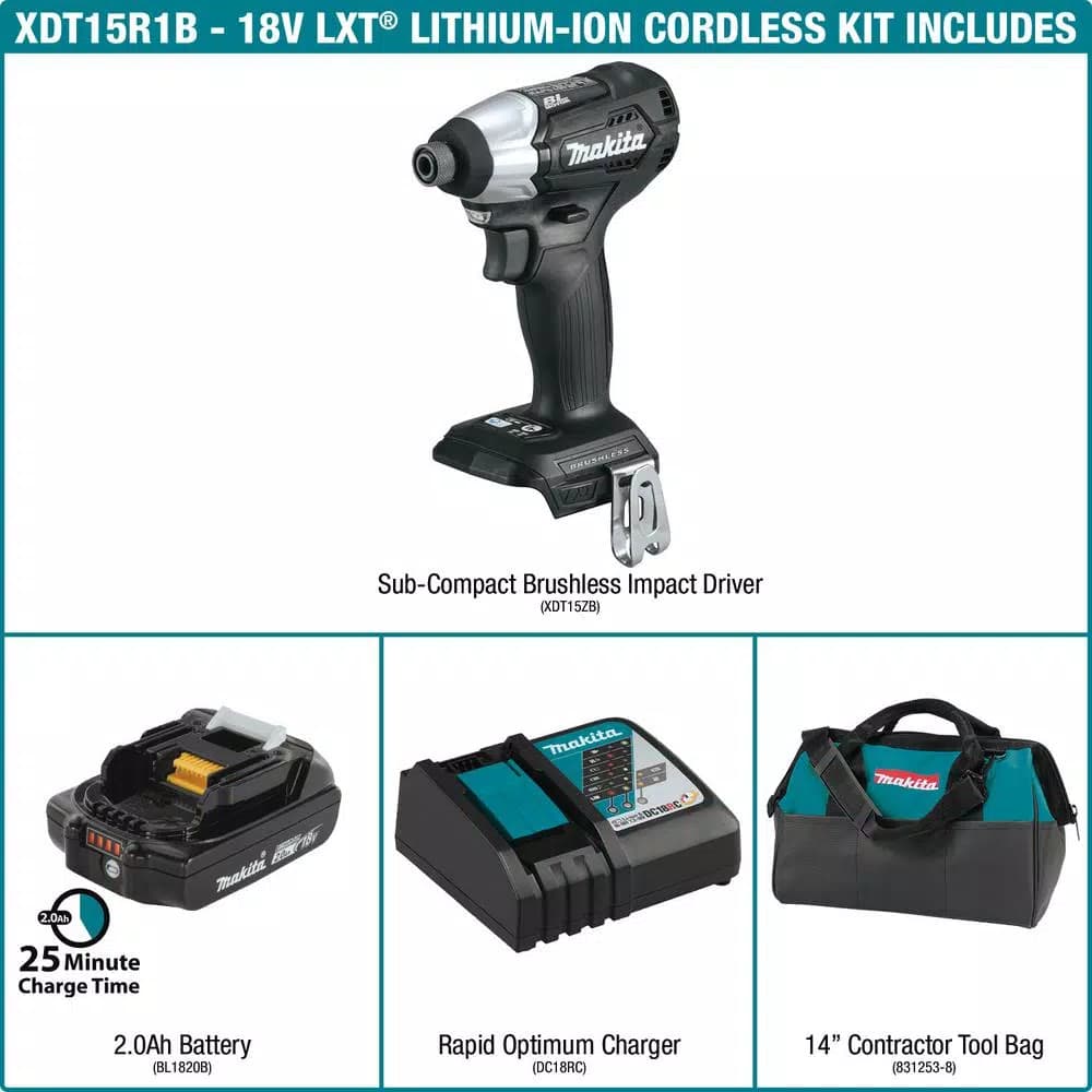 Makita 18V LXT Brushless Sub-Compact Cordless Impact Driver Kit with 2.0Ah Battery, Charger, and Bag