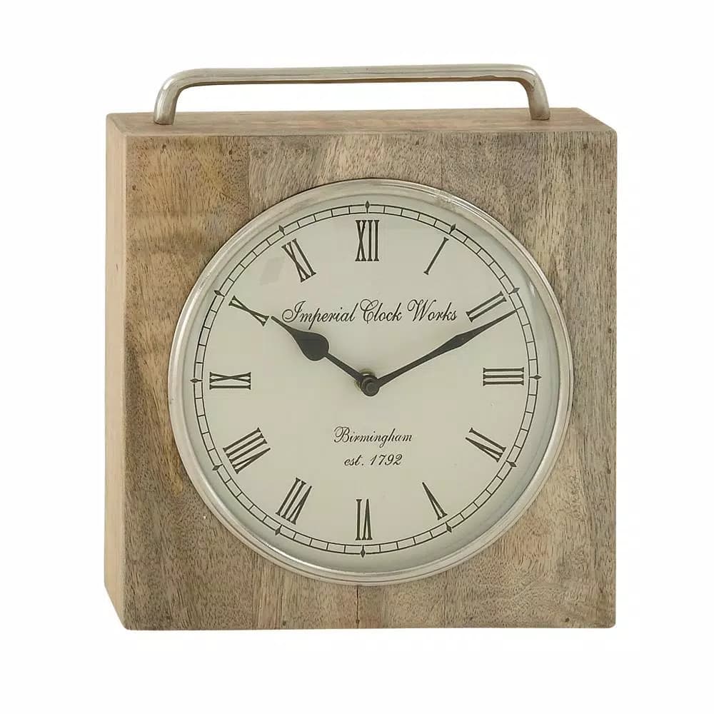 LITTON LANE Rustic Mango Wood and Iron Square Table Clock, 11 x 10 in.