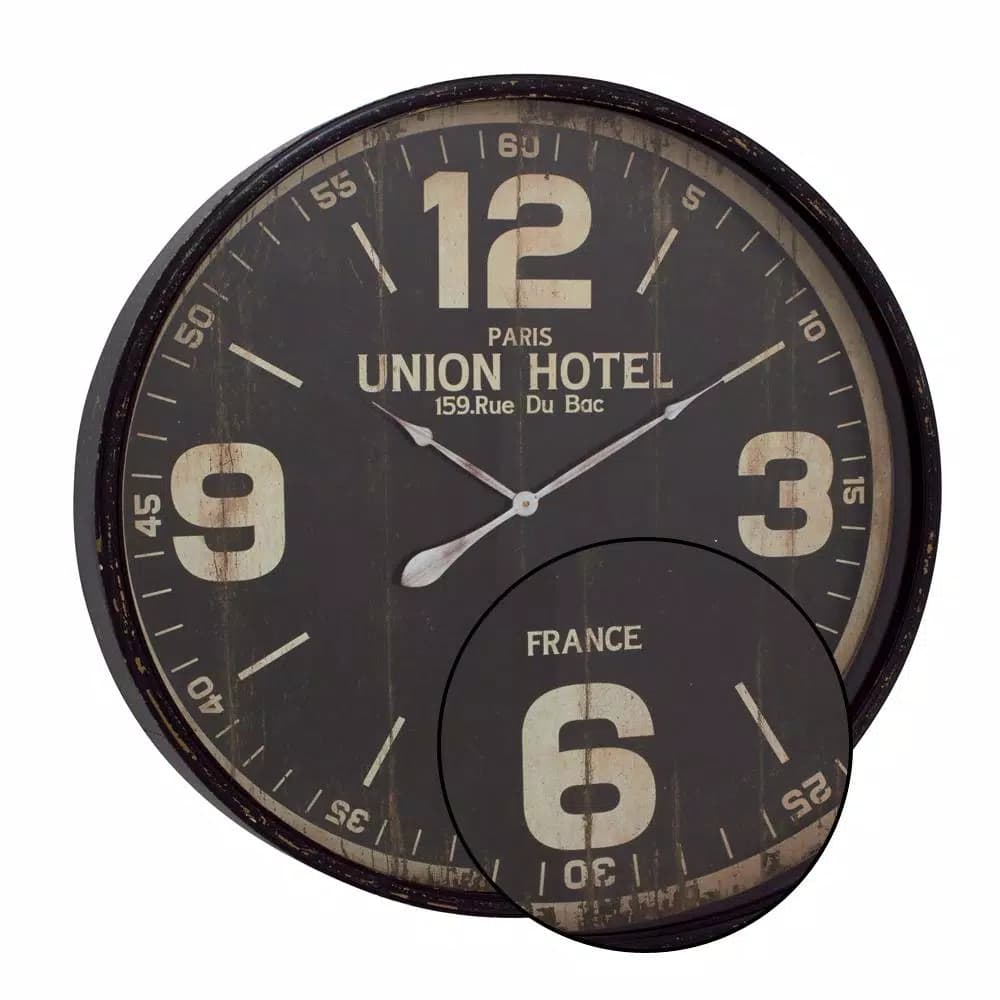 LITTON LANE 35 in. Vintage Round Wall Clock - Distressed Black Metal Industrial Design
