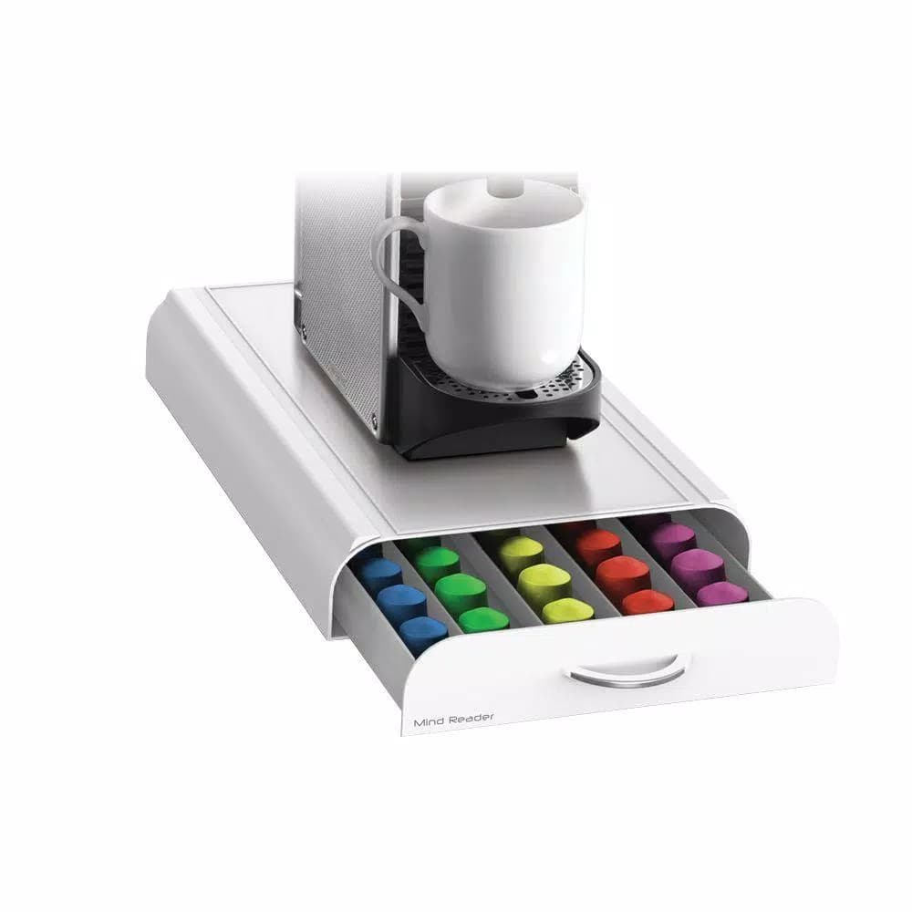 Mind Reader Anchor White Nespresso Coffee Capsule Drawer, 50-Capacity Pod Organizer & Machine Stand