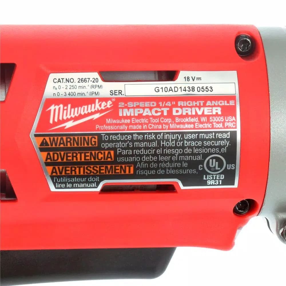 Milwaukee M18 18V Lithium-Ion 1/4 in. Hex 2-Speed Right Angle Impact Driver (Tool-Only)