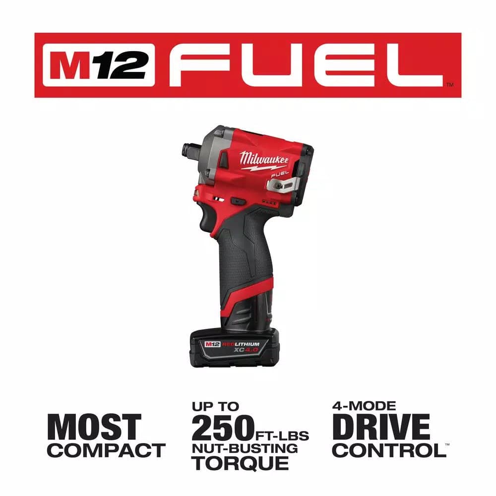 Milwaukee M12 FUEL 1/2 in. Stubby Brushless Cordless Impact Wrench Kit with Two Batteries and Charger